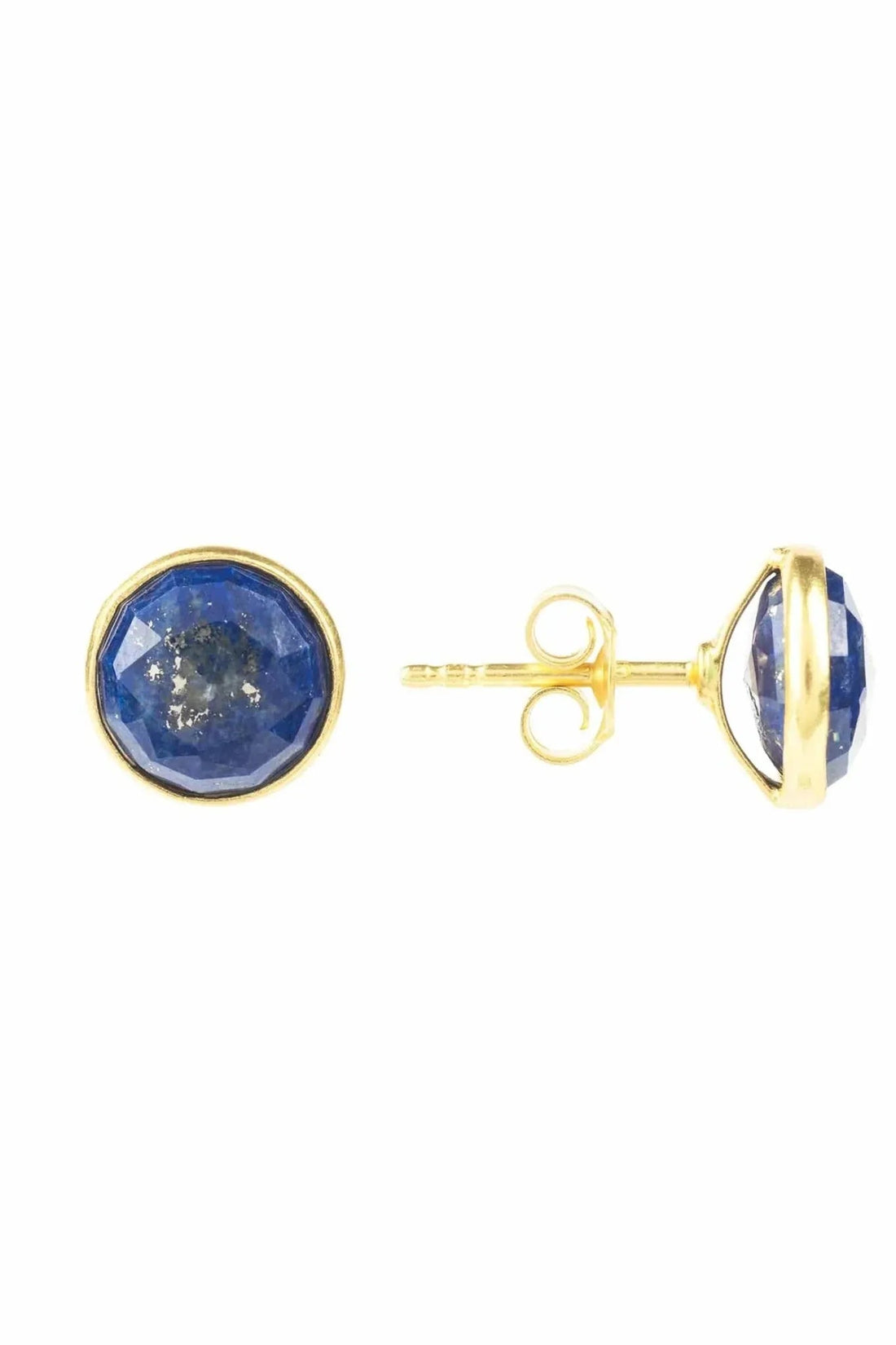 Gold lapis lazuli round stud earrings with blue gemstone and post back