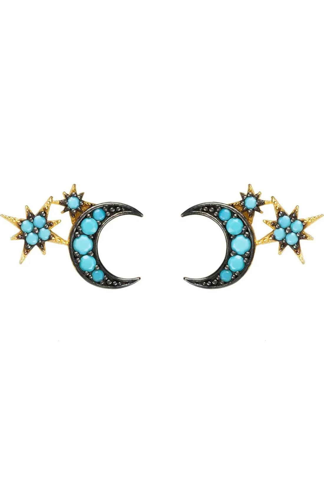 Moon and starburst mini stud earrings with turquoise stones and gold-tone accents