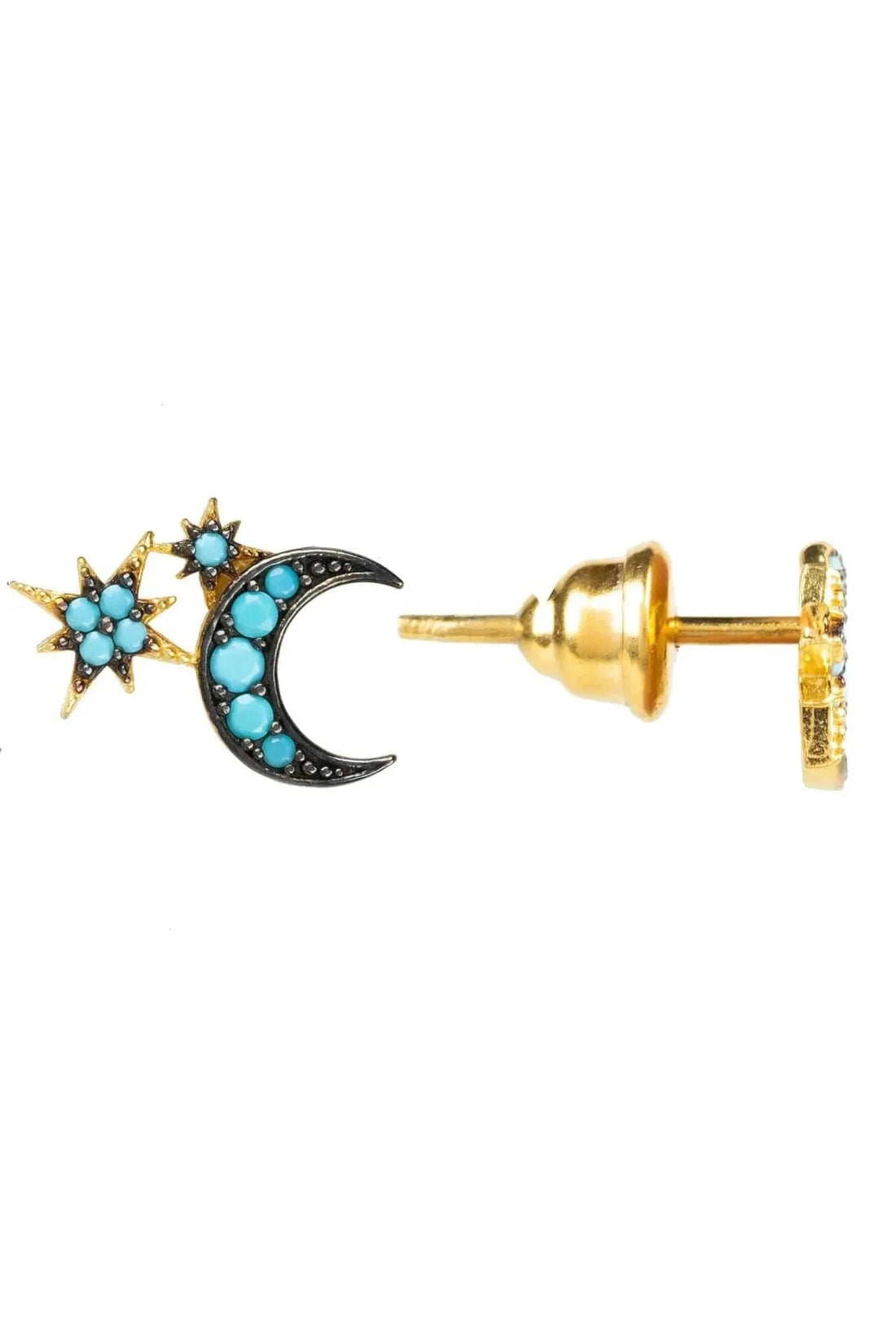 Turquoise moon and starburst stud earrings with gold-tone back post