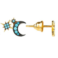 Turquoise moon and starburst stud earrings with gold-tone back post