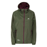 Moss women's waterproof jacket with dark lining, front zip and adjustable hood
