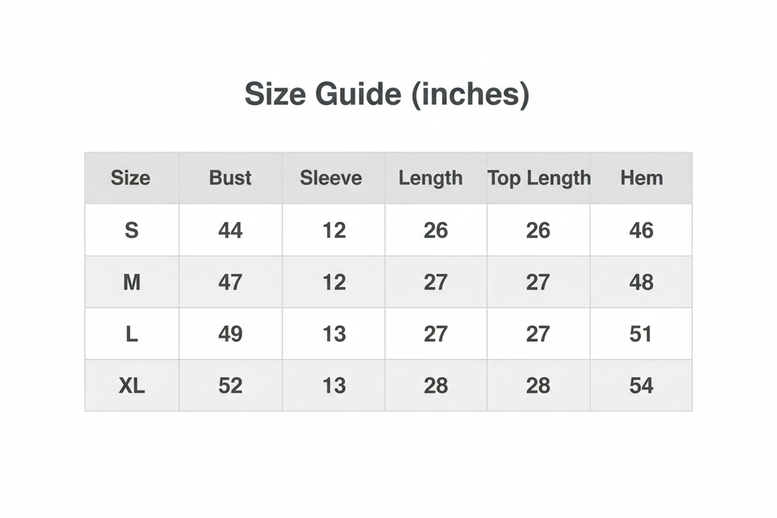 Size guide (inches) table with bust, sleeve, length, top length, and hem measurements