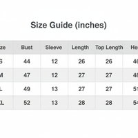 Size guide (inches) table with bust, sleeve, length, top length, and hem measurements