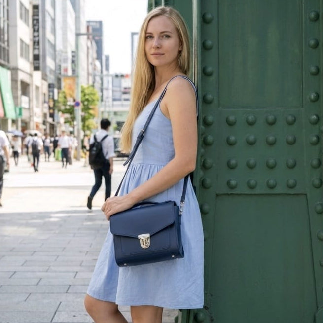 Handmade Leather Sugarcube Handbag - Navy-1