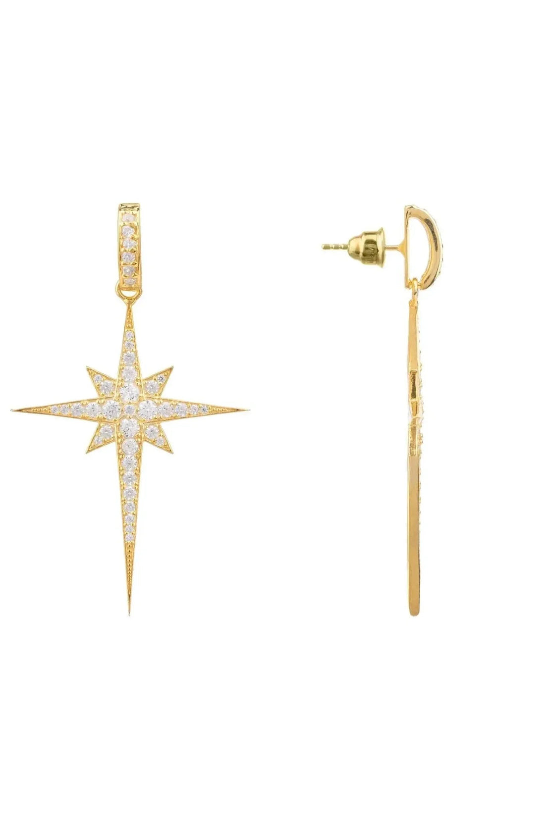 Gold star drop earring with front stud and crystal starburst pendant