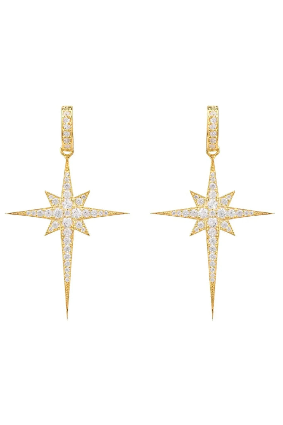 Gold starburst drop earrings with dangling crystal star and tapered bar