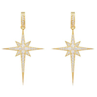 Gold starburst drop earrings with dangling crystal star and tapered bar