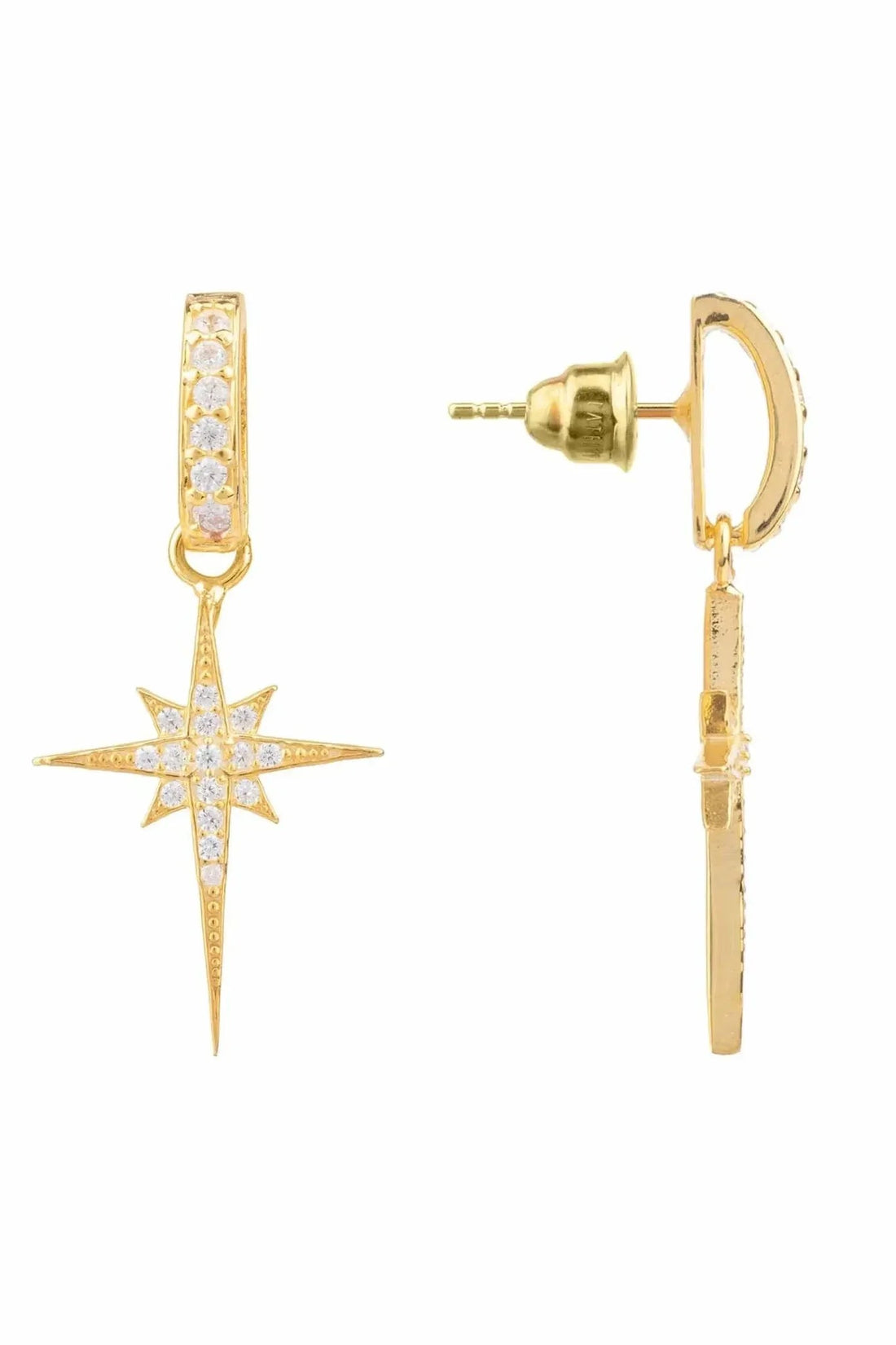 Gold star drop earrings showing clasp and post backing with crystal star