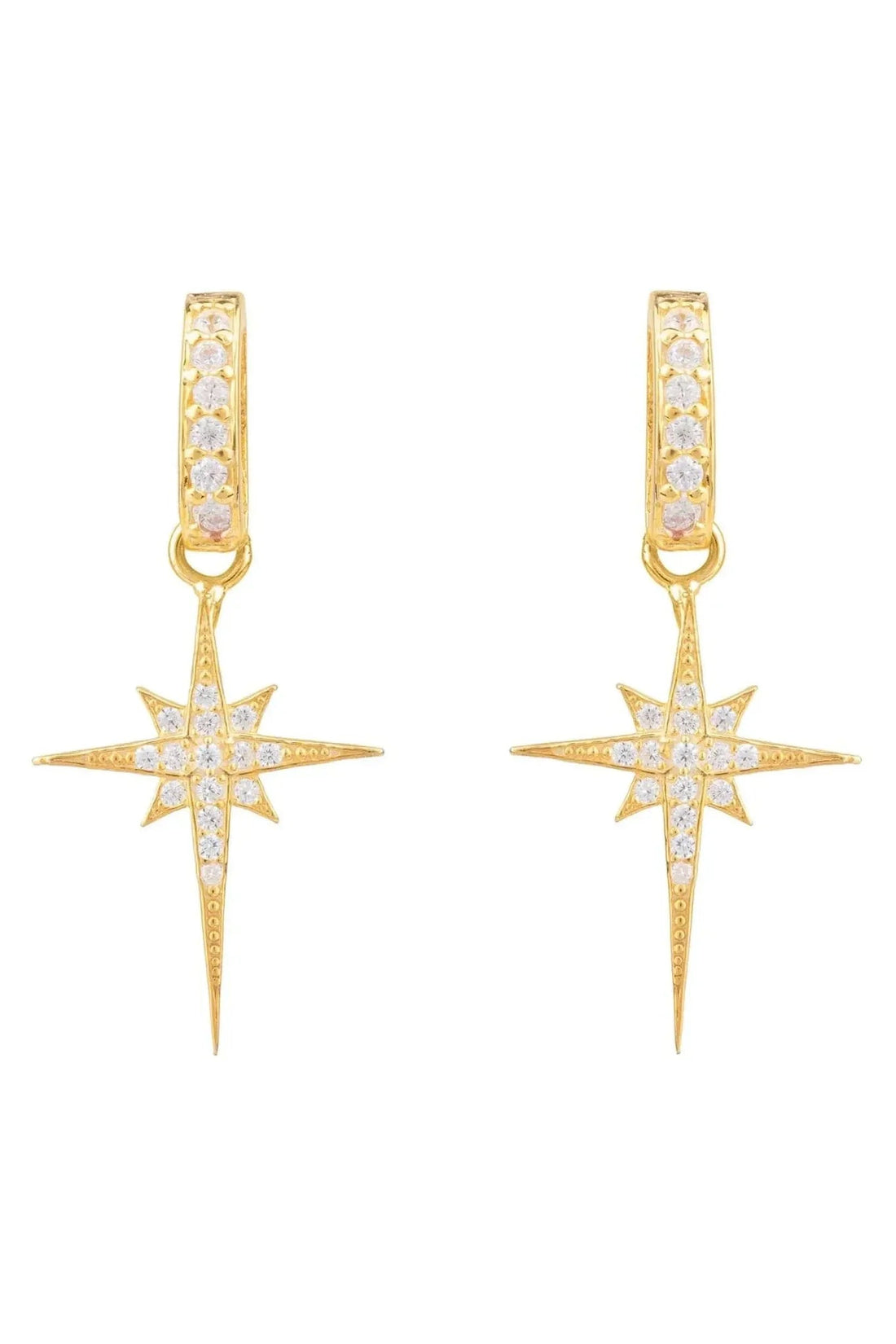 Gold star drop earrings with hoop-like top and sparkling crystal star charm