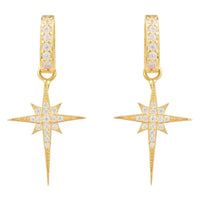 Gold star drop earrings with hoop-like top and sparkling crystal star charm