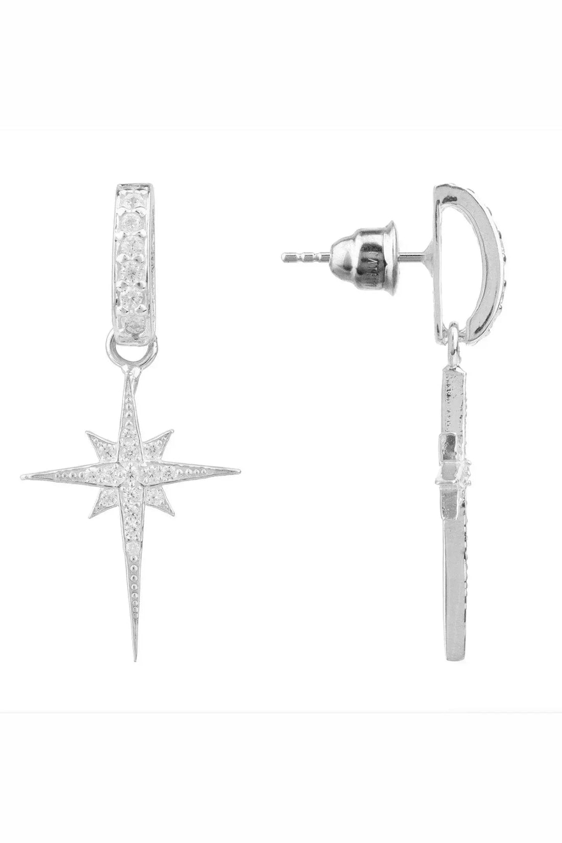 Silver drop earrings with starburst dangle and pavé-set hoop