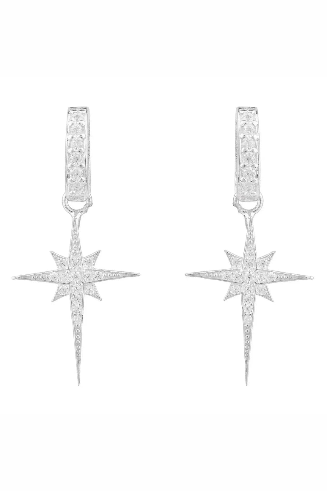 Silver North Star Burst small drop earrings with star pendants