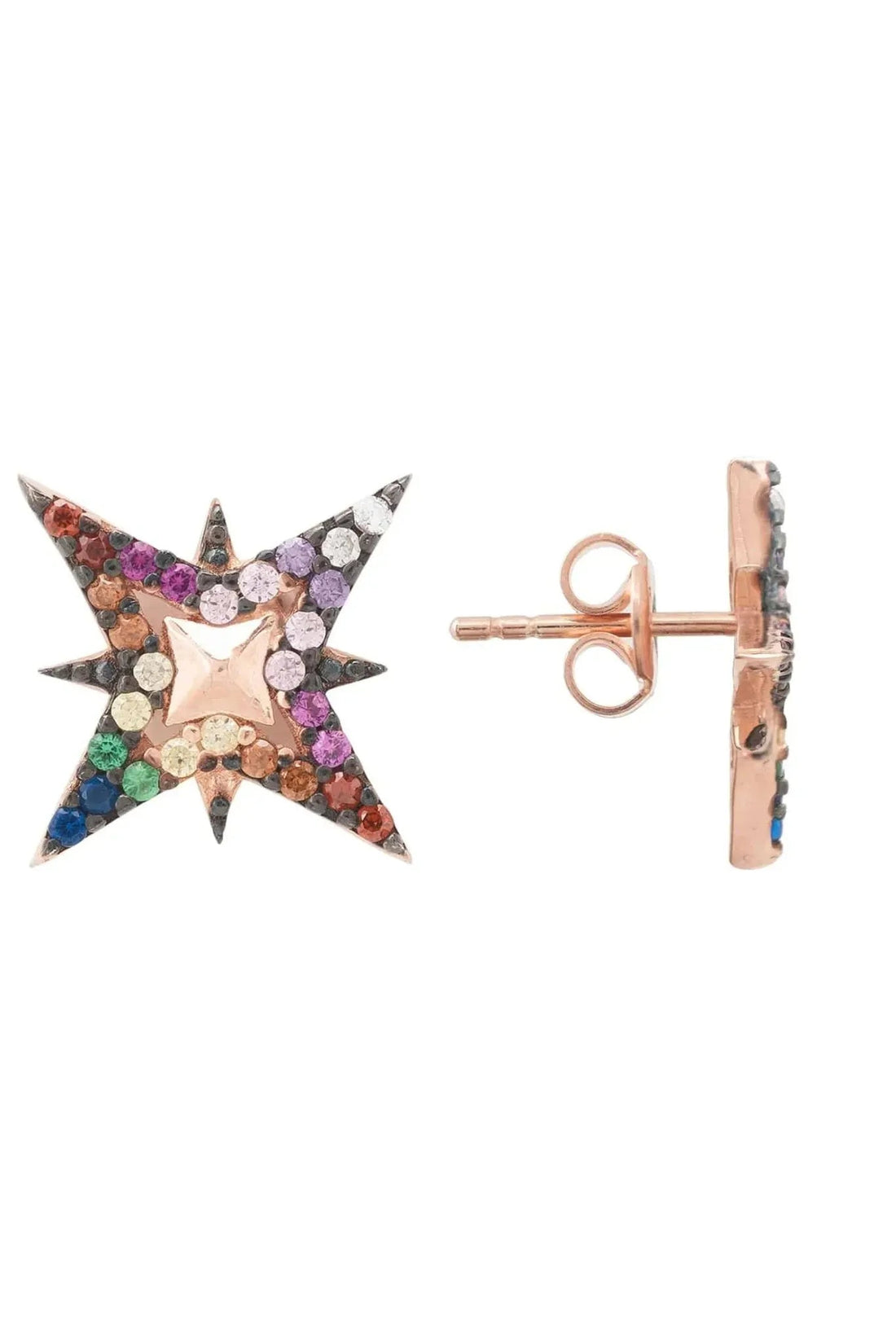 Rose gold star stud earring with rainbow mosaic stones, shown from the side