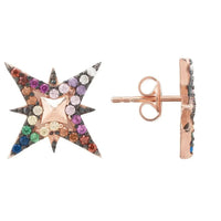 Rose gold star stud earring with rainbow mosaic stones, shown from the side
