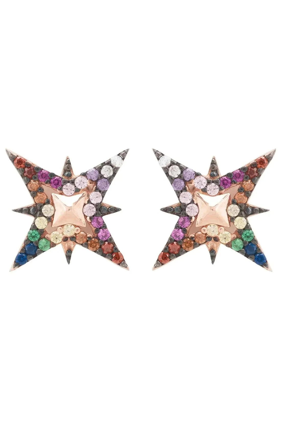 Rose gold star stud earrings with rainbow mosaic and clear crystal accents