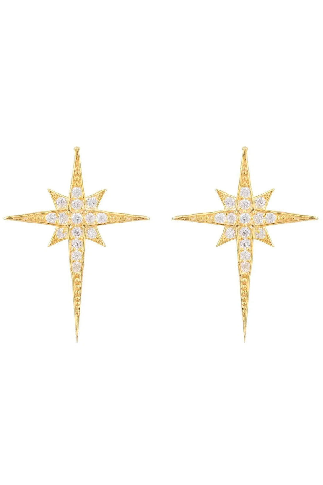 Gold star stud earrings with crystal accents and a dangling vertical bar