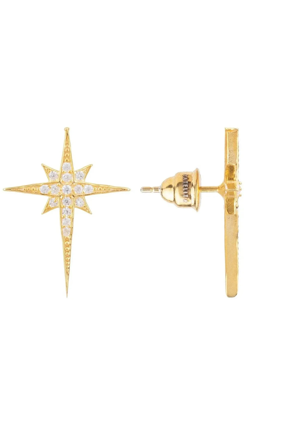 Gold star stud earring with crystal star face and vertical drop bar, showing post