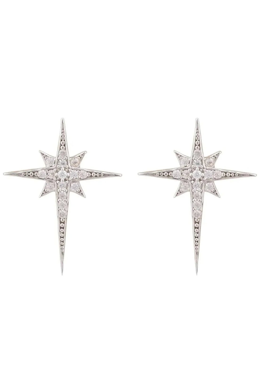 Silver star stud earrings with sparkling pave and long drop silhouette