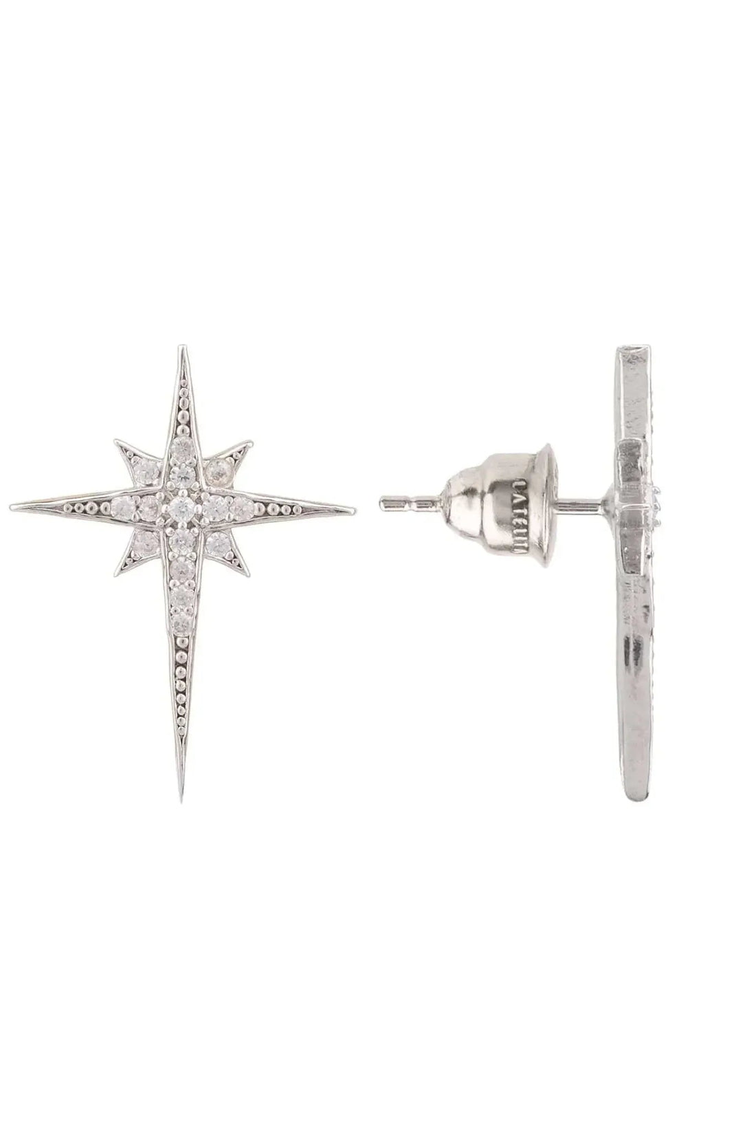 Silver star stud earrings, side view with stud post and vertical drop