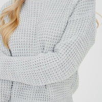 Womens light grey textured knit cropped jumper with long sleeves and ribbed hem