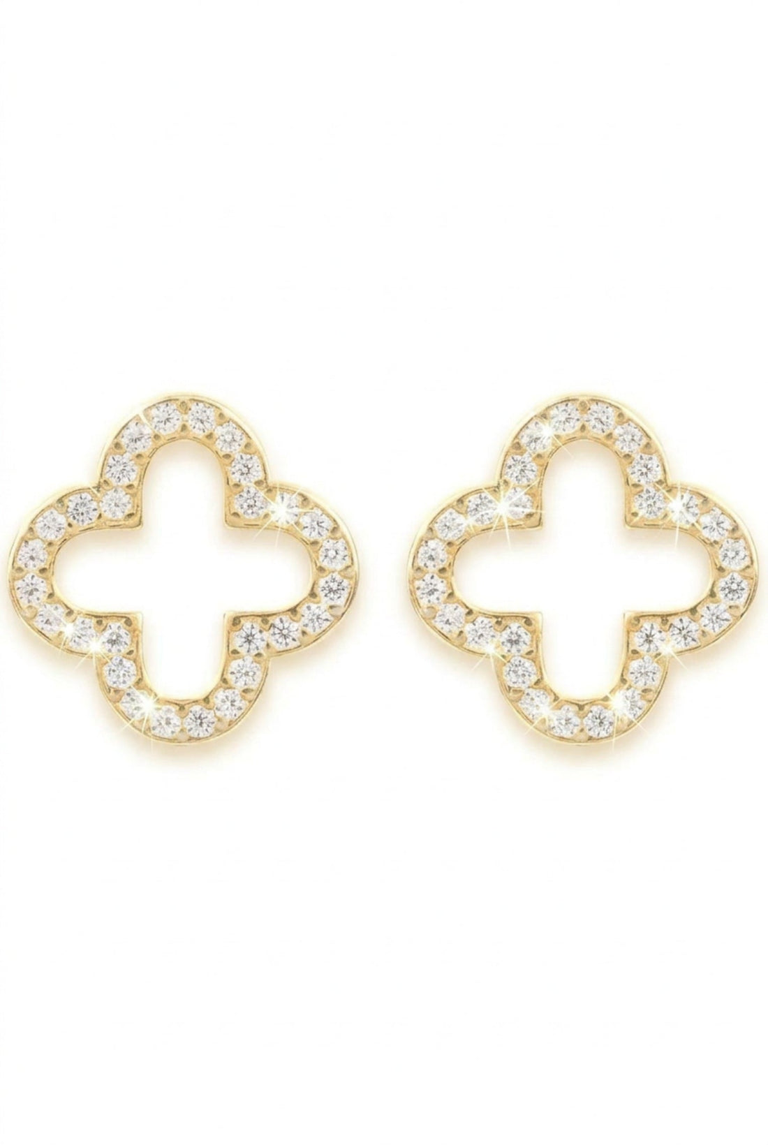 Gold open clover earrings with pavé clear stones
