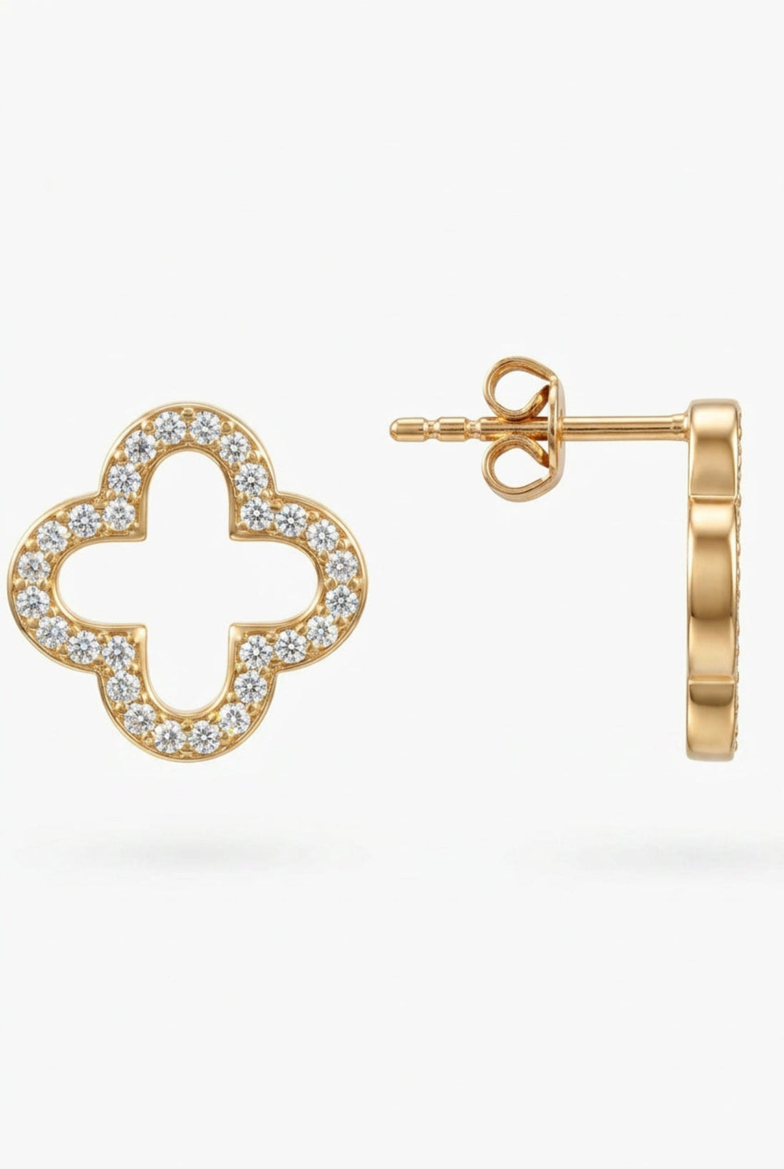 Gold open clover stud earring with pavé stones, front and side view