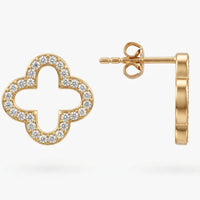 Gold open clover stud earring with pavé stones, front and side view