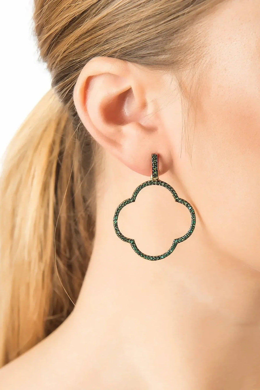 Open Clover Large Drop Earrings Green Gold-2