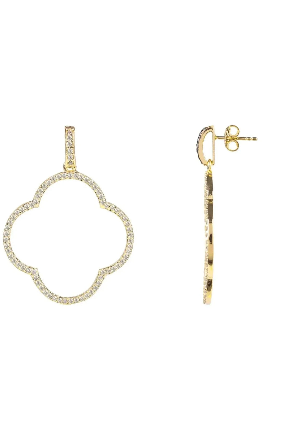 Gold clover drop earrings with white cubic zirconia