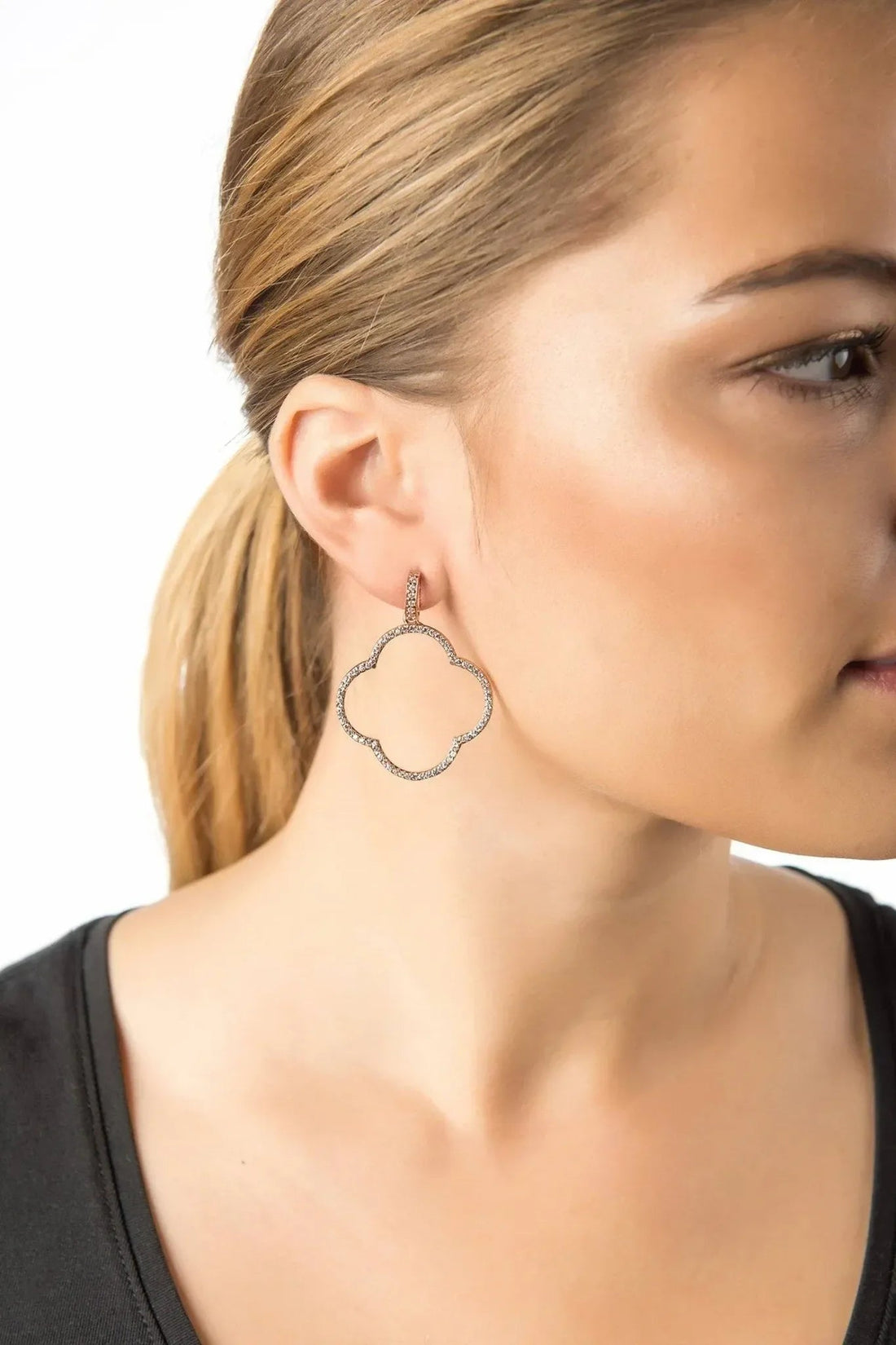 Gold open clover drop earring with white CZ