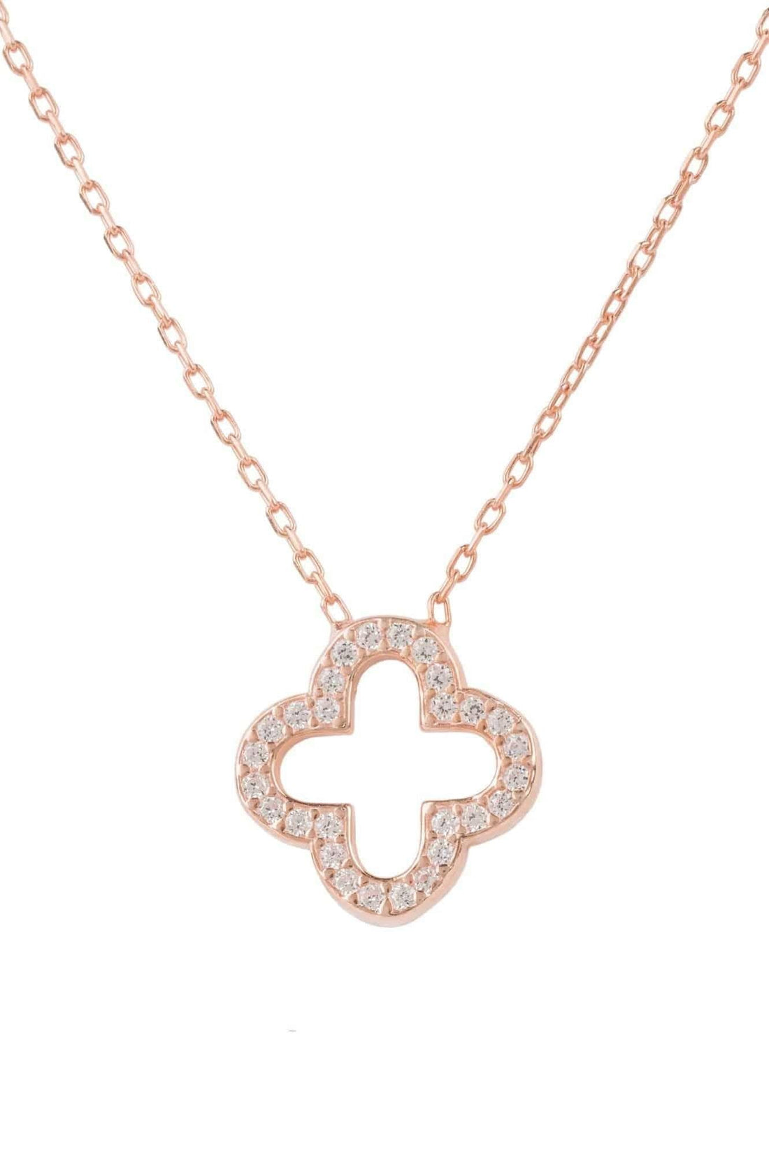 Rose gold-tone open clover pendant necklace with sparkling stone border