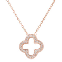 Rose gold-tone open clover pendant necklace with sparkling stone border