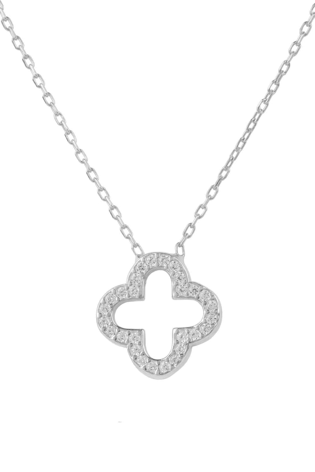 Silver-tone open clover pendant necklace with sparkling stone border