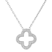 Silver-tone open clover pendant necklace with sparkling stone border