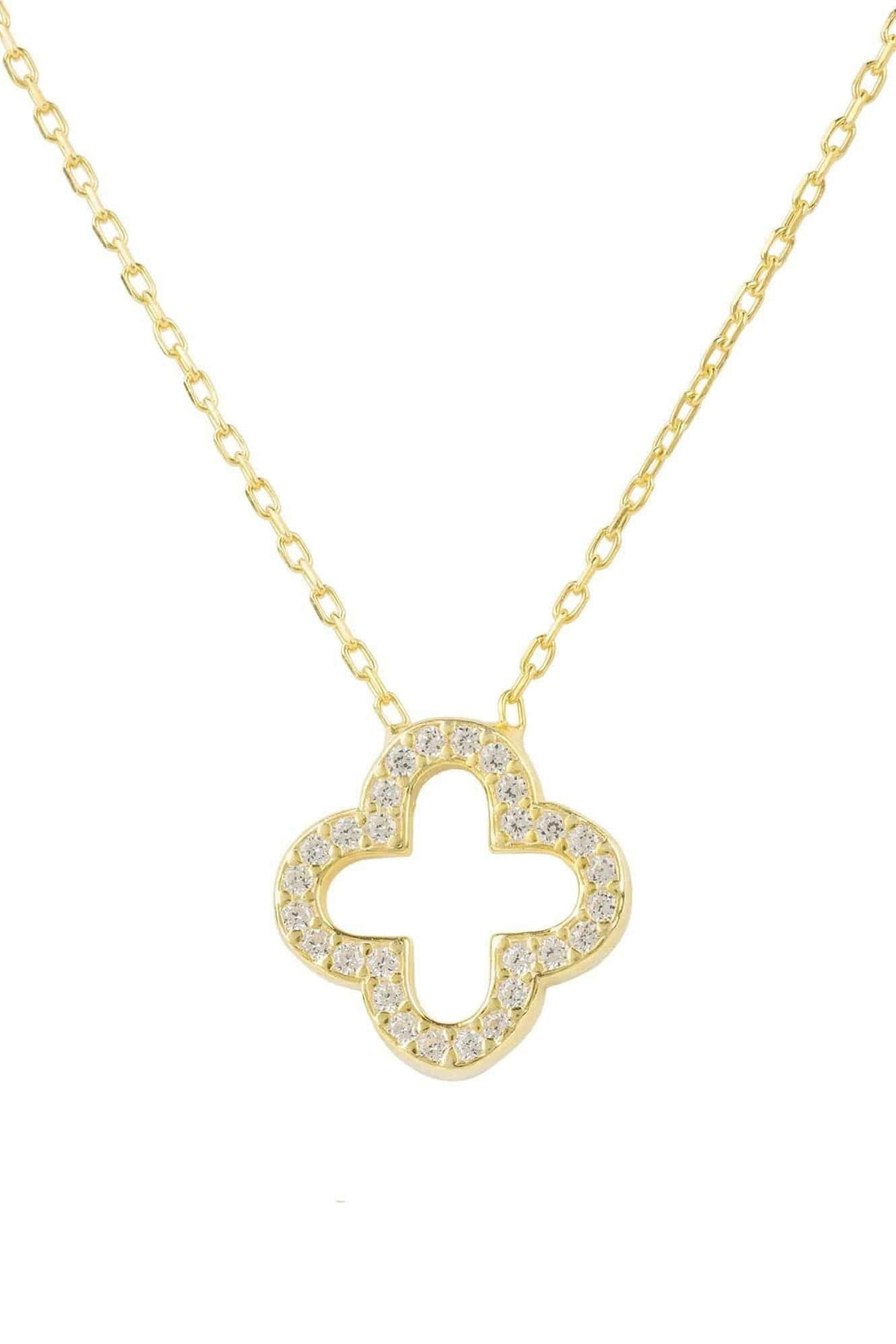 Gold-tone open clover pendant necklace with sparkling stone border