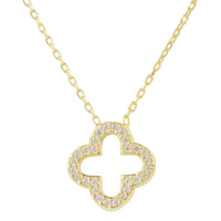 Gold-tone open clover pendant necklace with sparkling stone border