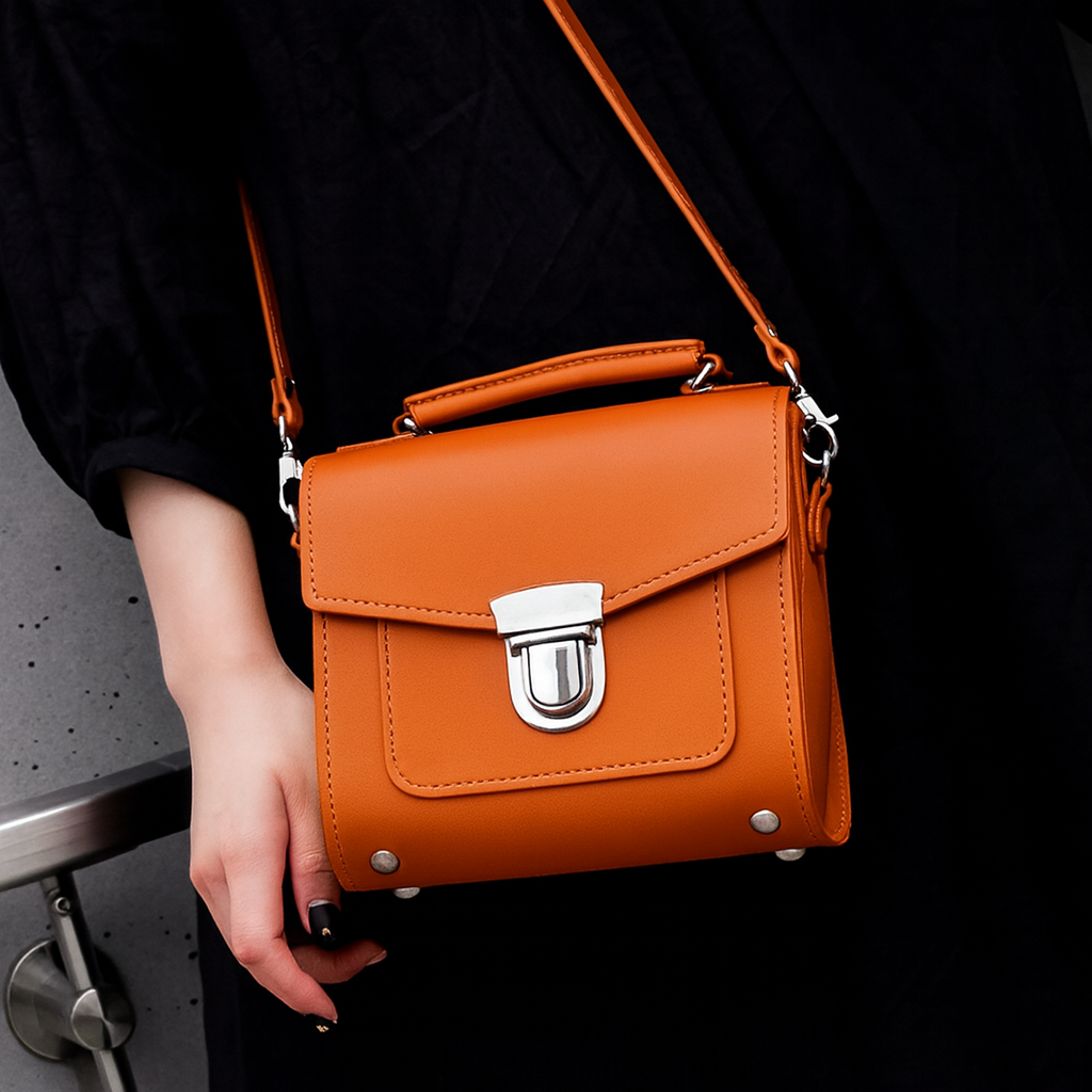 Handmade Leather Sugarcube Handbag - Orange-1