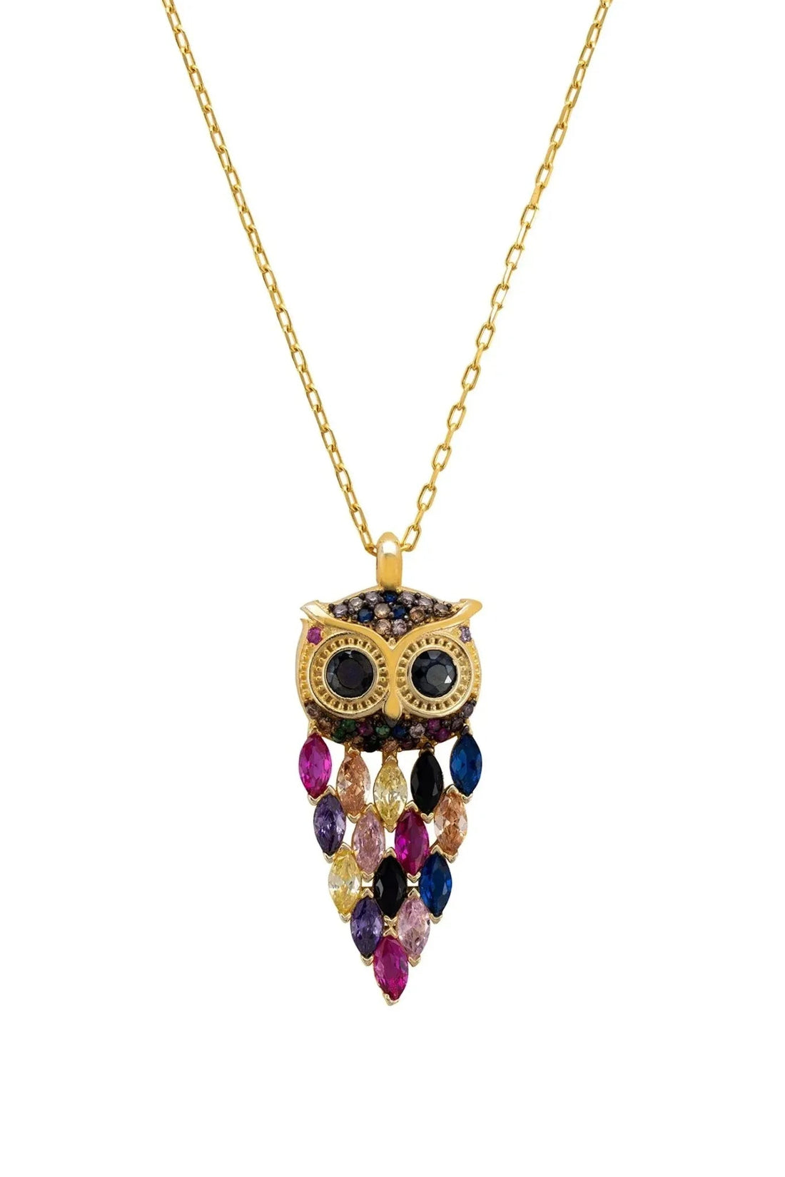 Gold owl pendant necklace with blue and purple rhinestone details