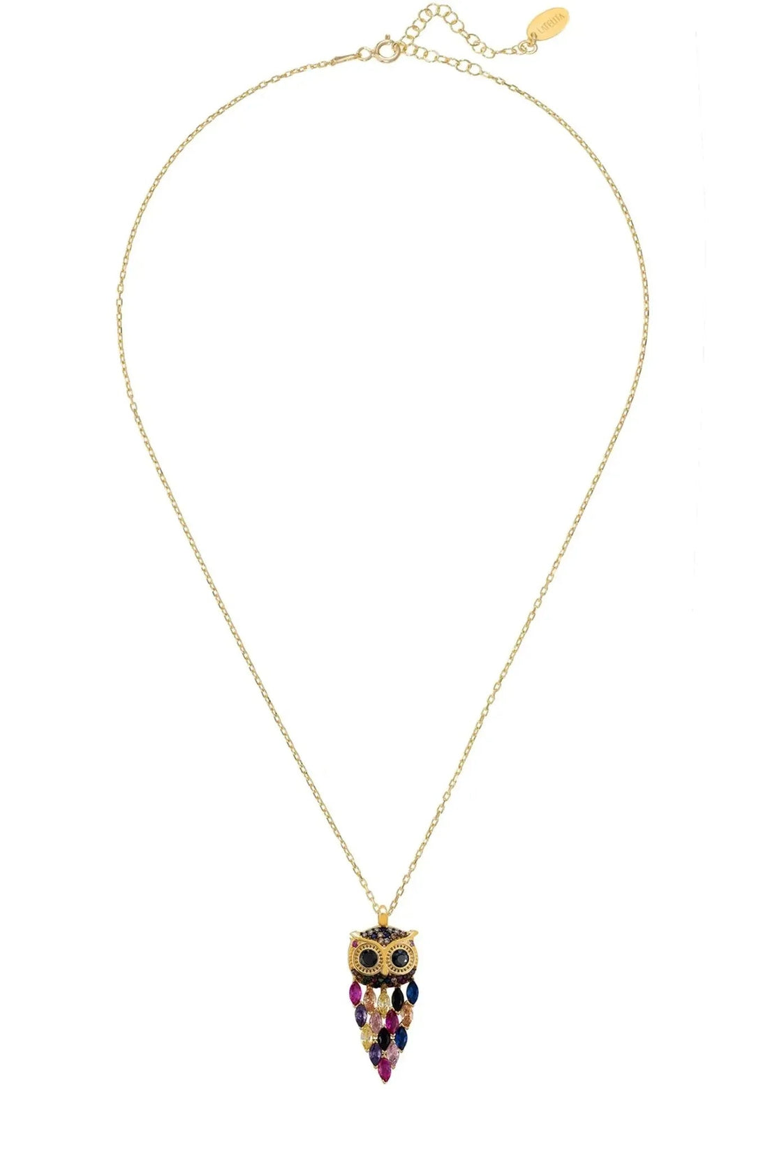 Gold owl pendant necklace with rainbow gem eyes and faceted multicolor charm
