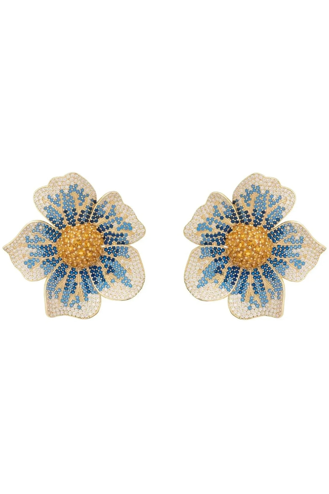 Gold-tone flower stud earrings with blue crystal-like petals