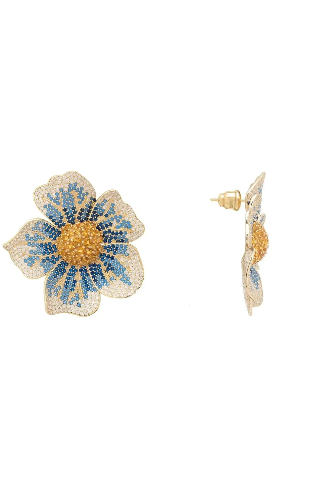 Gold-tone stud earrings shaped like blue and gold flowers
