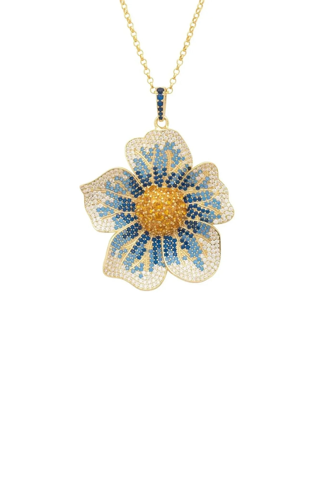 Gold chain necklace with blue enamel flower pendant and round blue center