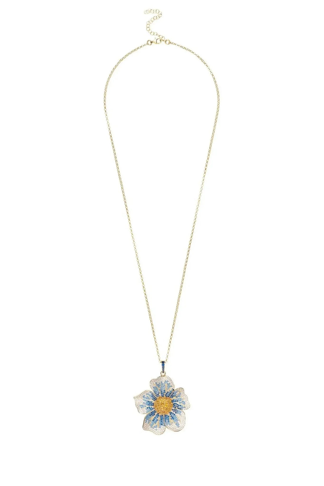 Gold chain necklace featuring a blue flower pendant at the center