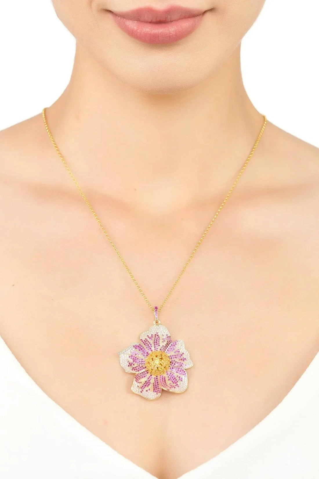 Pansy Flower Pink Necklace Gold-1