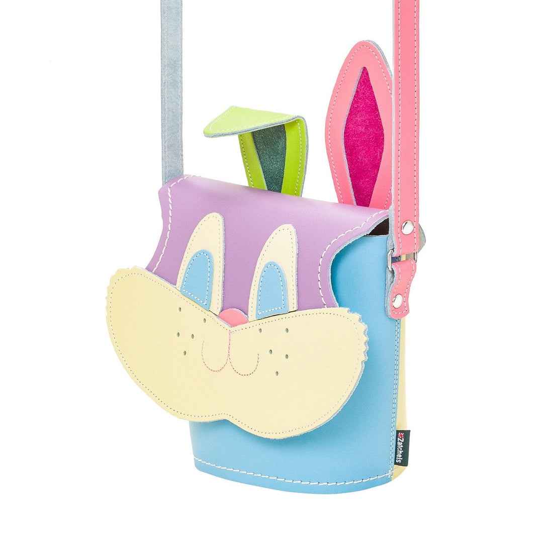 Pastel leather mini bag with rabbit-ear face patch and multicolor side panel