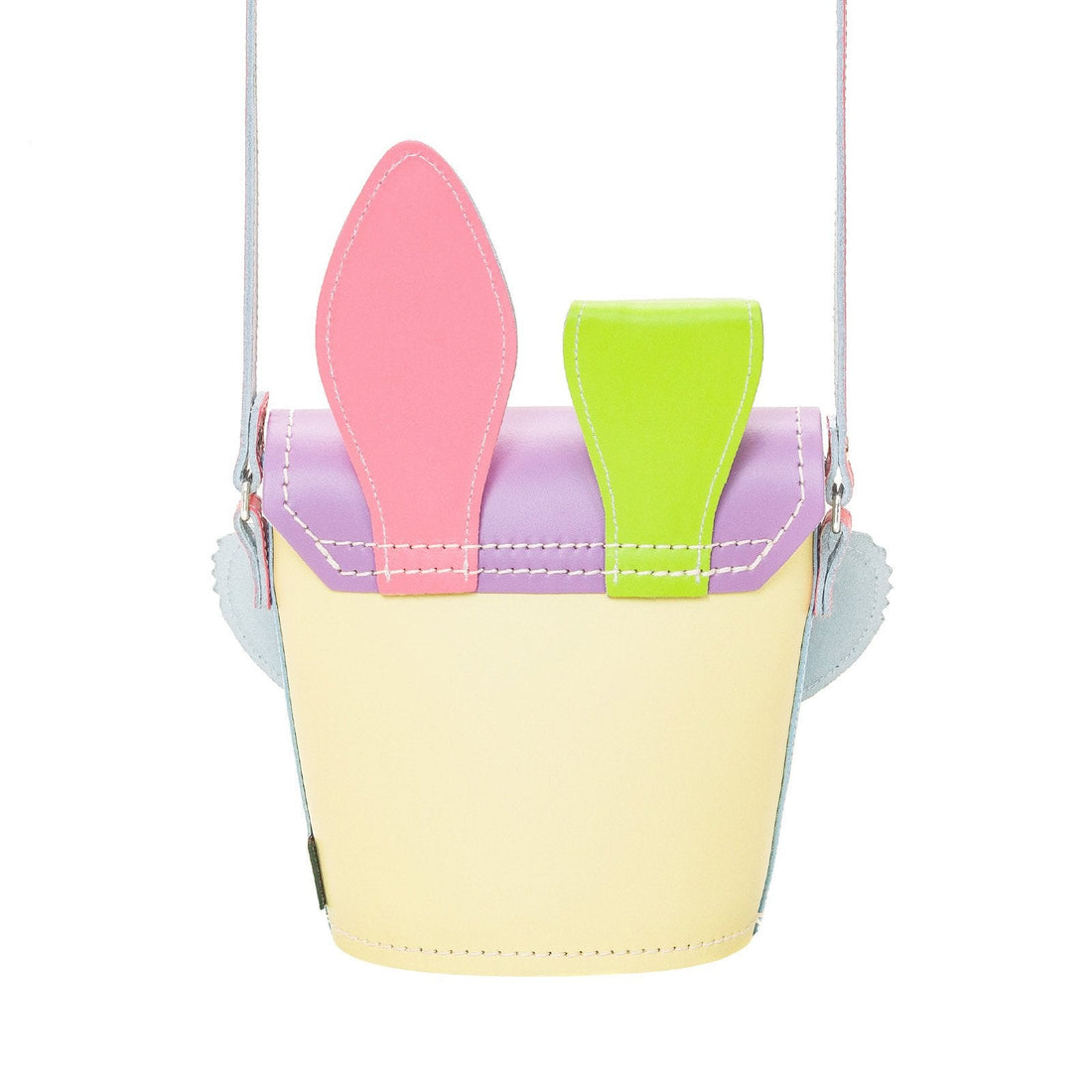 Pastel leather mini bag with pink and green ear shapes and front pocket detail