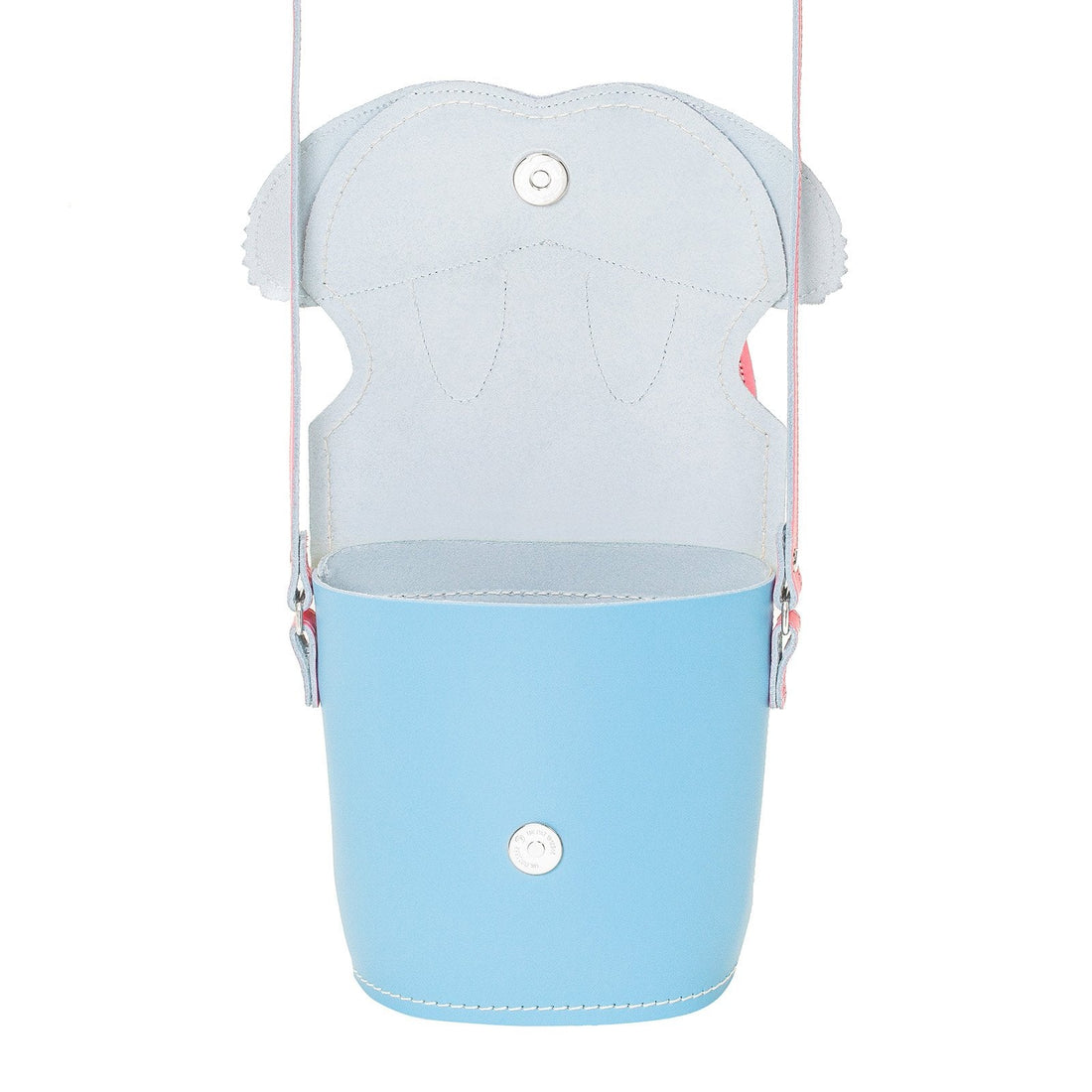 Light blue leather mini bag with arched top, snap button, and side handles
