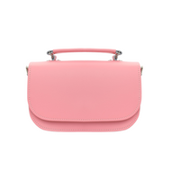 Pastel pink leather top-handle bag with front flap and silver-tone hardware
