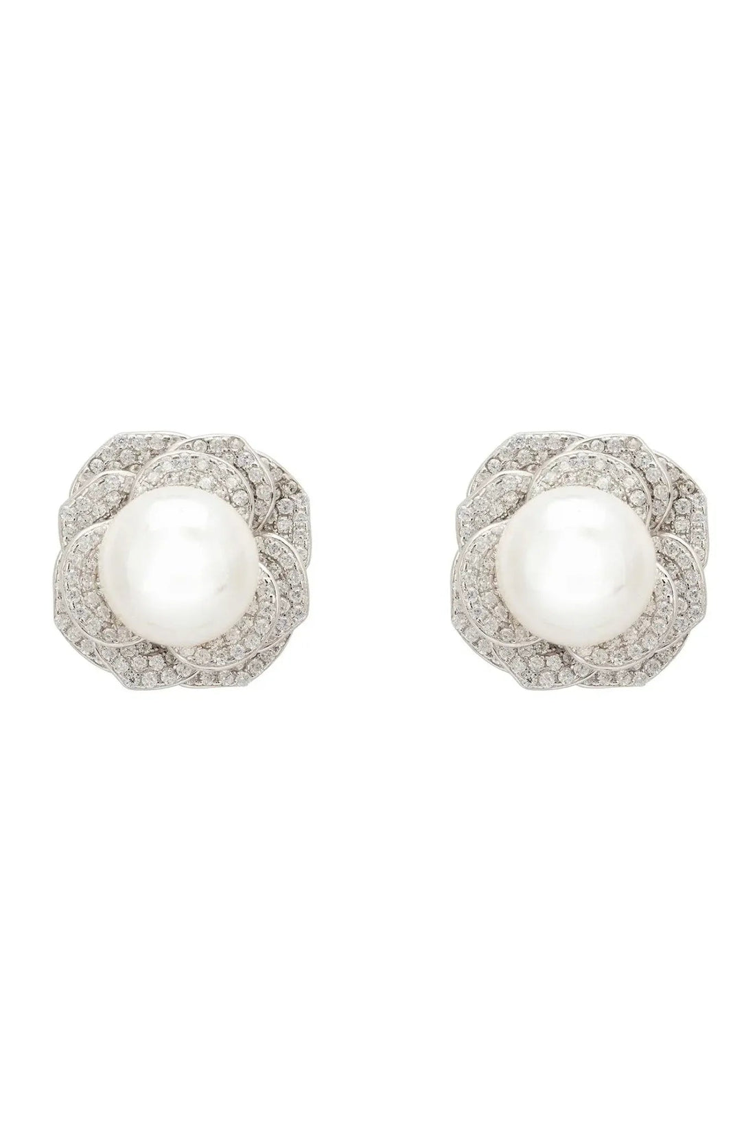 Pearl And Rose Petals Stud Earrings Silver-0