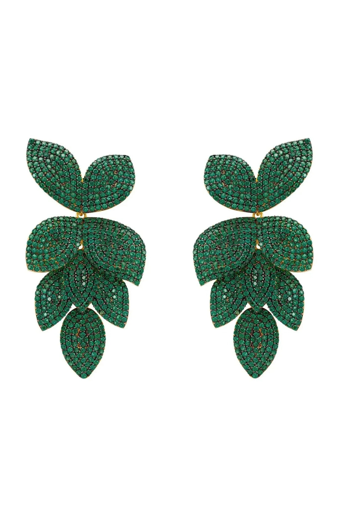 Emerald green rhinestone flower cascading earrings with gold hooks